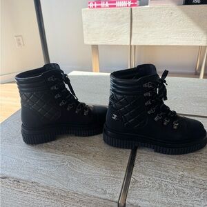 Black Quilted Lace-Up Boots